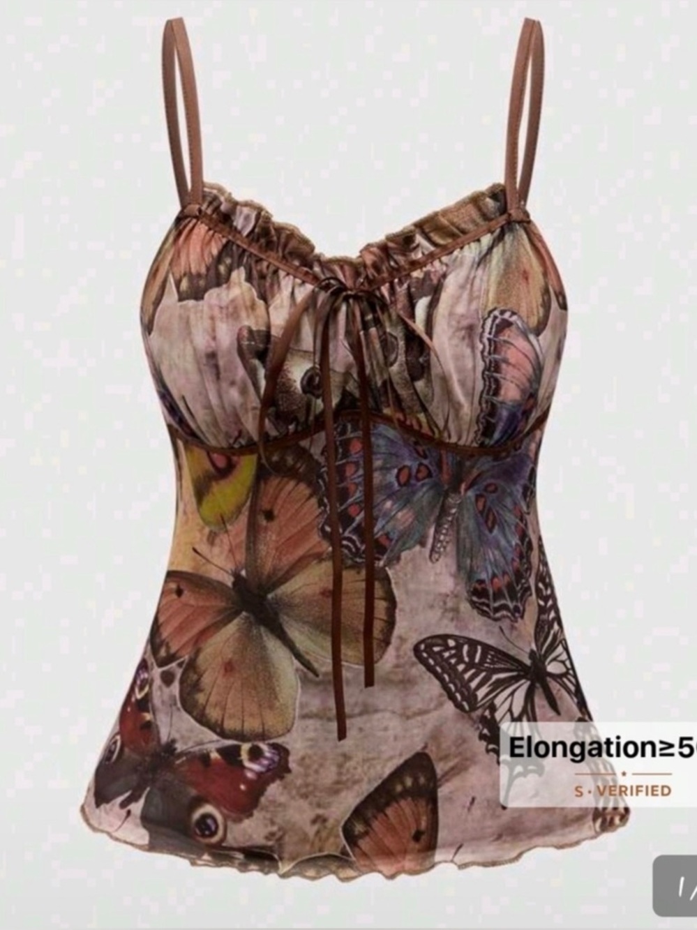 ROMWE Y2K Butterfly Print Mesh Cami Top Brown Sheer Ruched Tie Front Fairycore